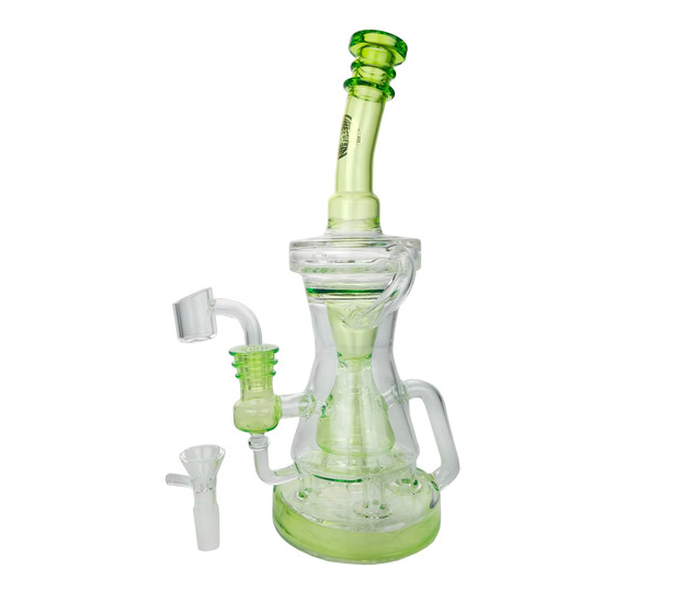 ON POINT GLASS: 12" INNER COLOR PERC RECYCLER WATER PIPE WITH 14MM MALE BOWL & 4MM BANGER