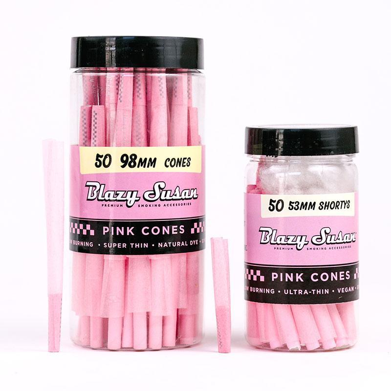 BLAZY SUSAN: 53MM SHORTY CONES 50CT JAR PINK PRE ROLLED CONES
