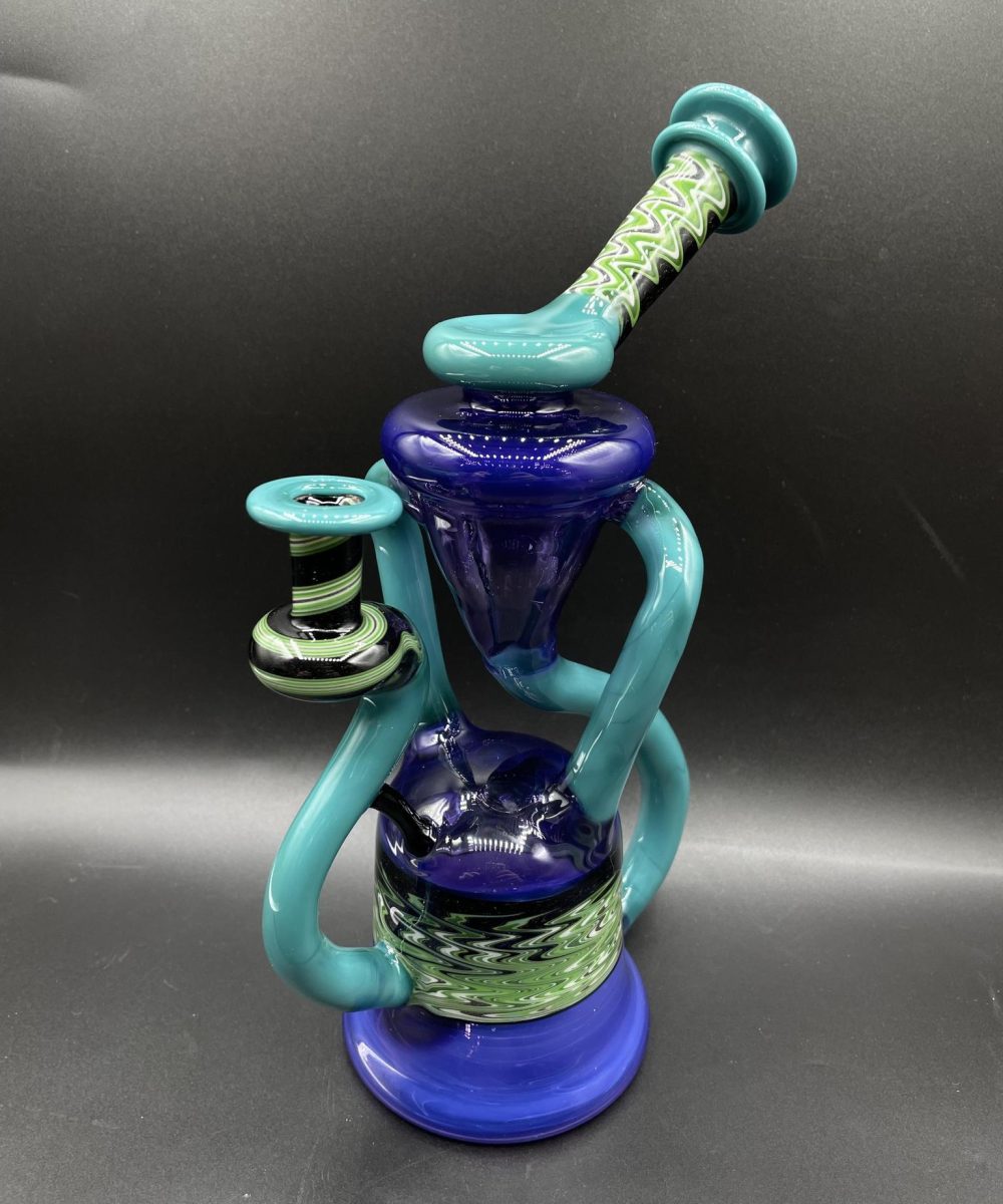 Alternative view of MANCHILD GLASSWORKS: BLUE AND GREEN WIG WAG DUAL UPTAKE RECYCLER
