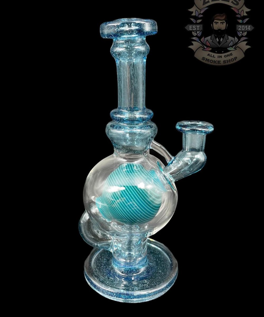 CRAMBORO GLASS: 6" OCEAN TEAL SPIRAL BALL RIG