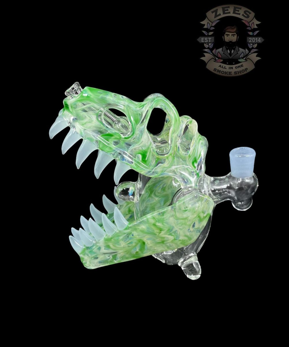 Alternative view of SLURM SNOB GLASS: GREEN W/ FROSTY WHITE TEETH DINO SKULL RIG