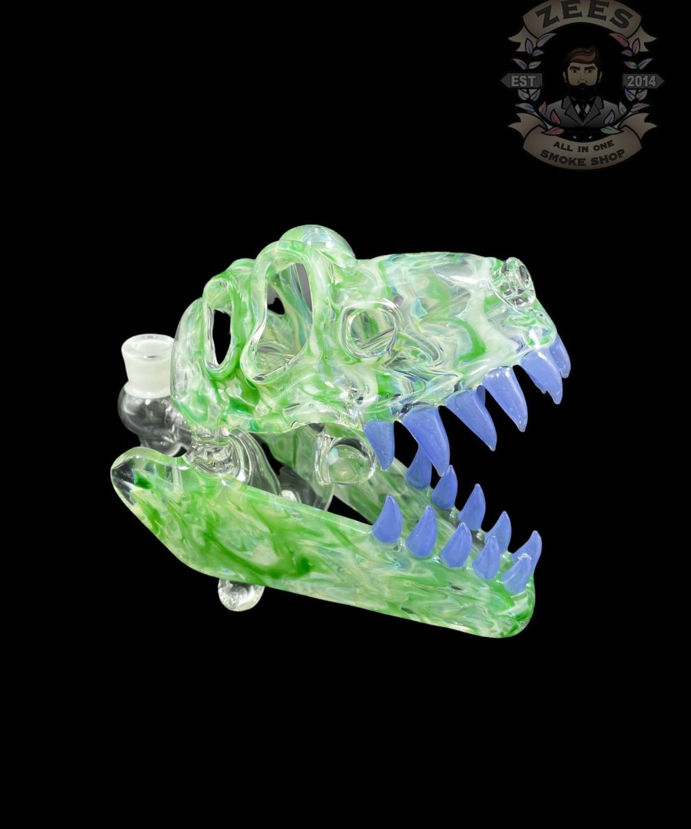SLURM SNOB GLASS: GREEN W/ MILKY BLUE TEETH DINO SKULL RIG