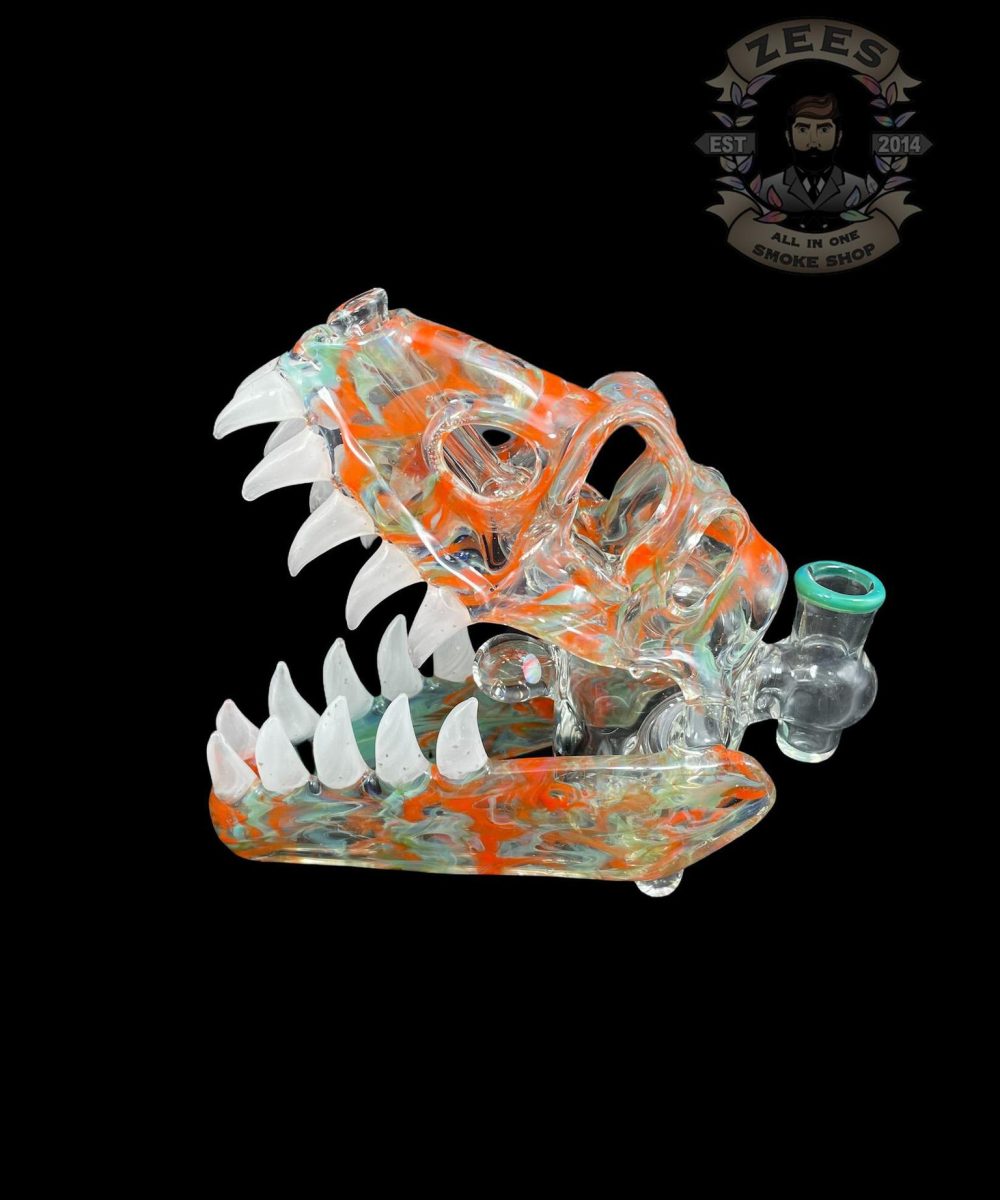 Alternative view of SLURM SNOB GLASS: GREEN ON ORANGE DINO SKULL RIG