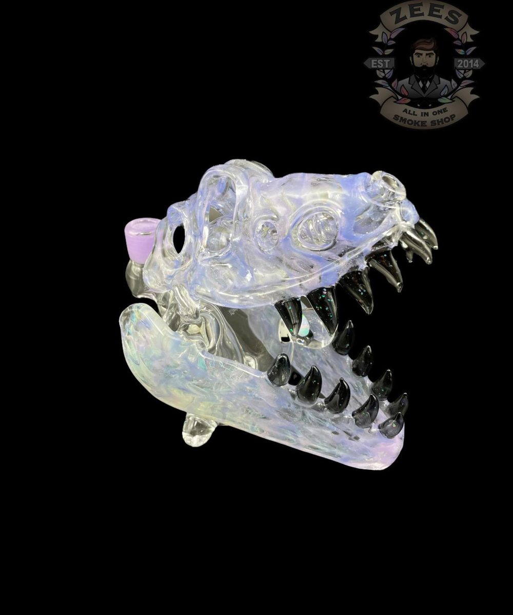 SLURM SNOB GLASS: PURPLE W/ CRUSHED BLACK OPAL TEETH DINO SKULL RIG