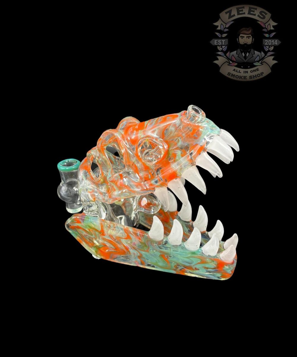 SLURM SNOB GLASS: GREEN ON ORANGE DINO SKULL RIG