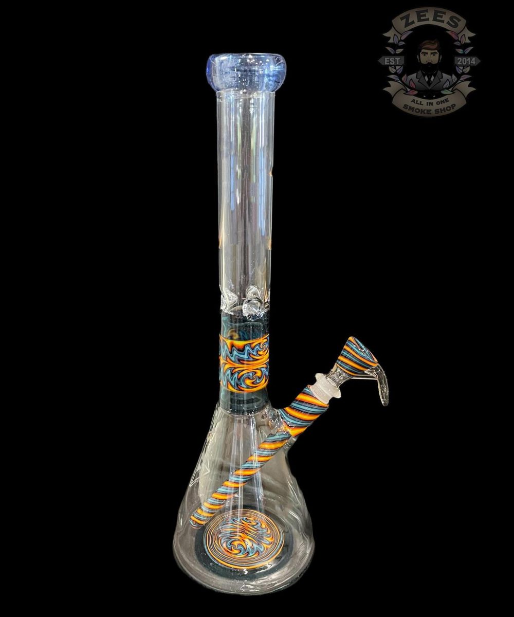 AUGY GLASS: 18" BLUE AND ORANGE WIG WAG BEAKER