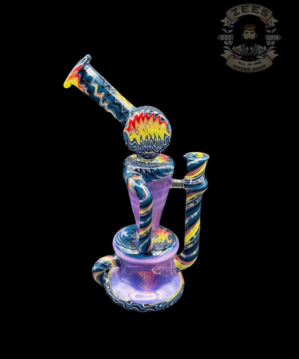 PHANTOM GLASS: GHOST OVER PURPLE LOLLIPOP AND BLUE RAINBOW WIG WAG DUAL UPTAKE RECYCLER