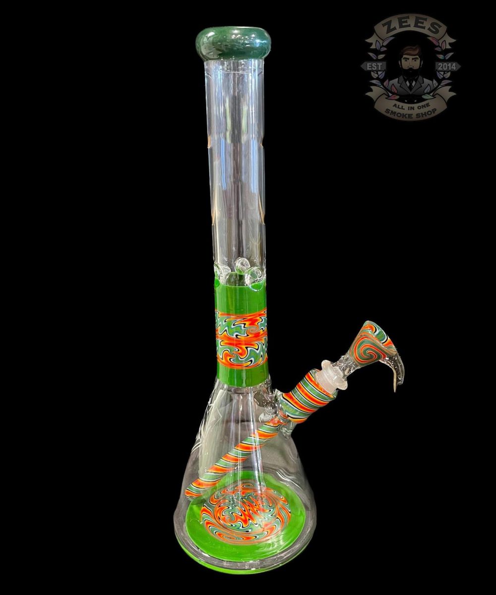 AUGY GLASS: 18" GREEN AND ORANGE WIG WAG BEAKER