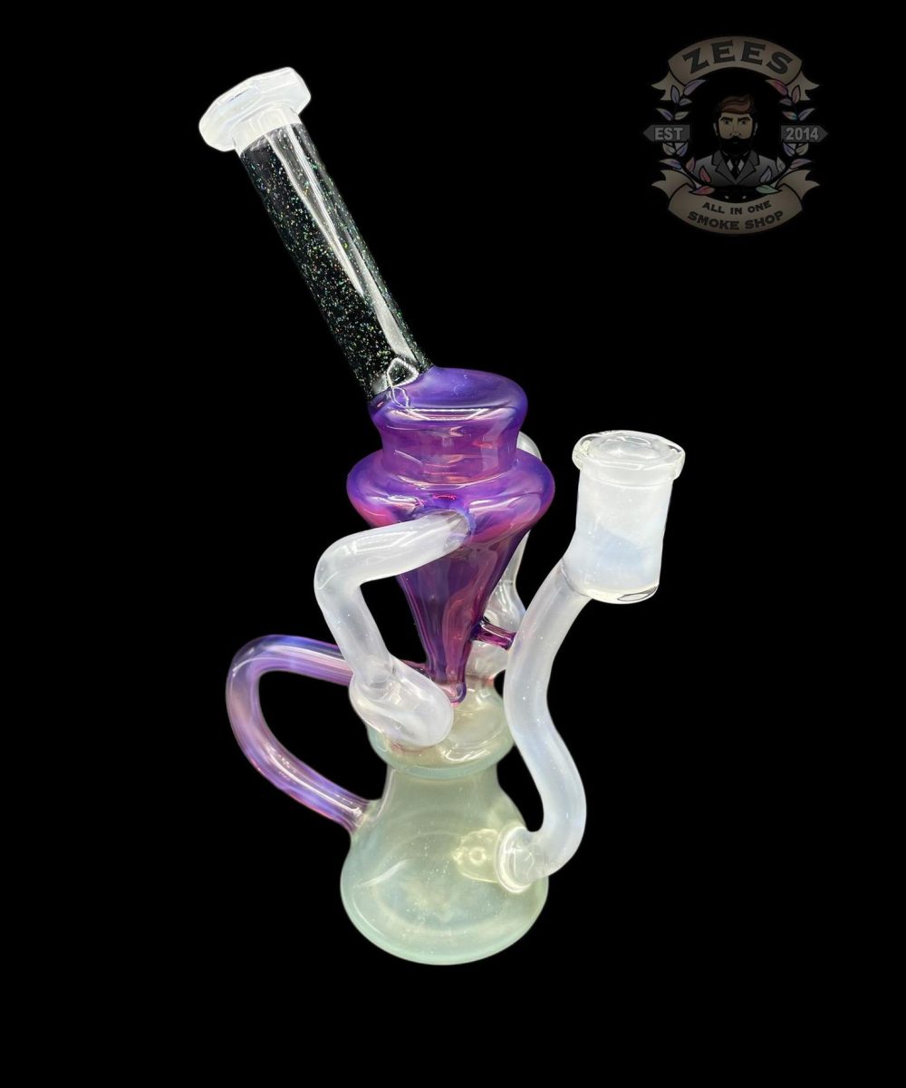WOLFE GLASS: FACETED PURPLE x FROSTY WHITE CRUSHED OPAL DOUBLE DOUNT FLOATER RECYCLER