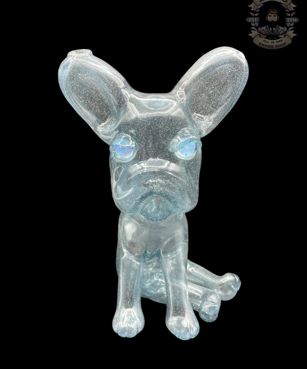 SWANNY GLASS: AQUAMARINE x BLUE SATIN SIDE SITTING FRENCHIE DOG RIG
