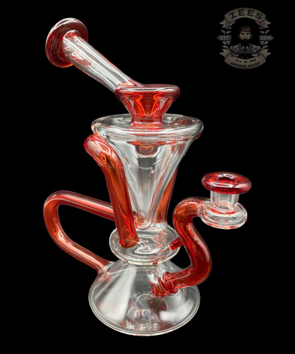 MCGREW GLASS: RED ELVIS DUAL UPTAKE FLOATER RECYCLER