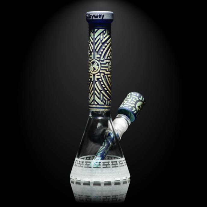 Alternative view of MILKY WAY GLASS: TELEKINESIS 11" DARK BLUE FRIT BEAKER BONG (MK-1208)