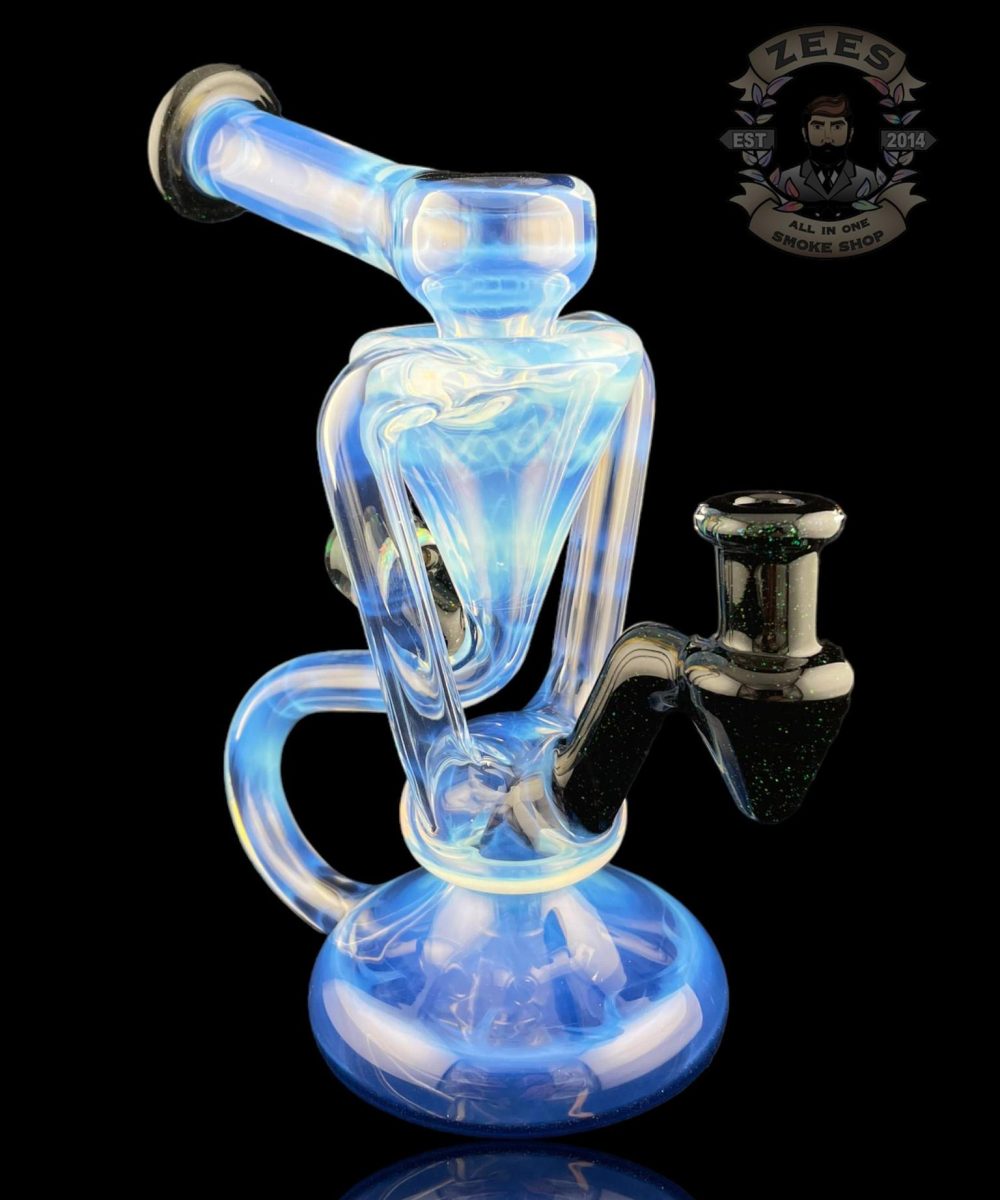 BOOGIE GLASS: FULLY WORKED MOONSTONE x BLACK CROPAL DUAL UPTAKE FLOATER RECYCLER