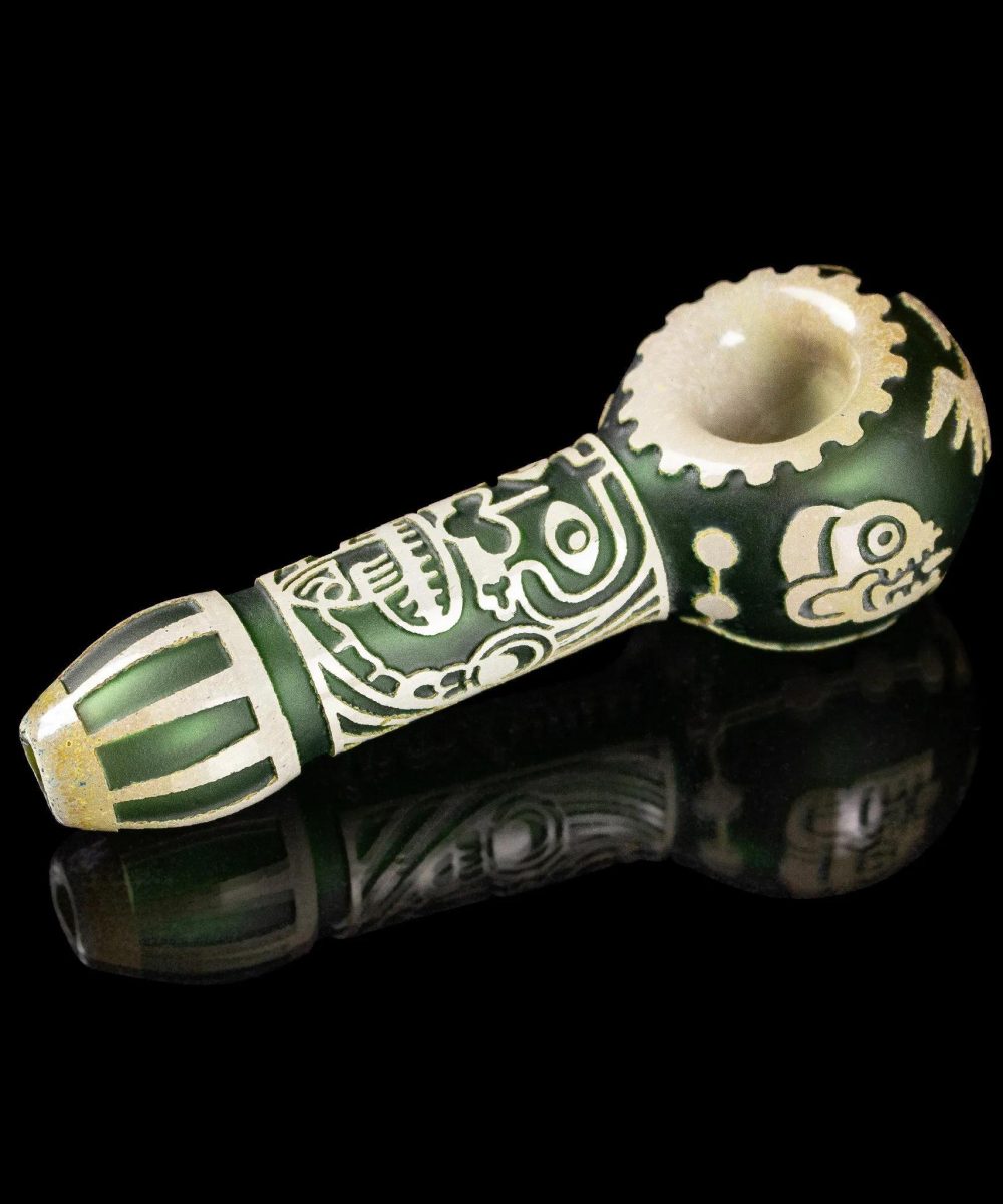 MILKY WAY GLASS: MAYA FACE IN COLOR GREEN FRIT HAND PIPE