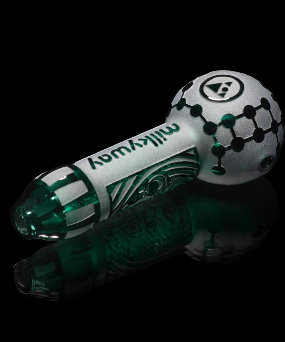 Alternative view of MILKY WAY GLASS: MAYA FACE TEAL HAND PIPE (MP-006)