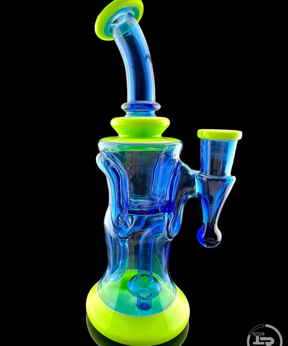 IRIDESCENT GLASS: 8" COLORED GILCYCLER WITH MARBLE MILKY GREEN/ROYAL BLUE