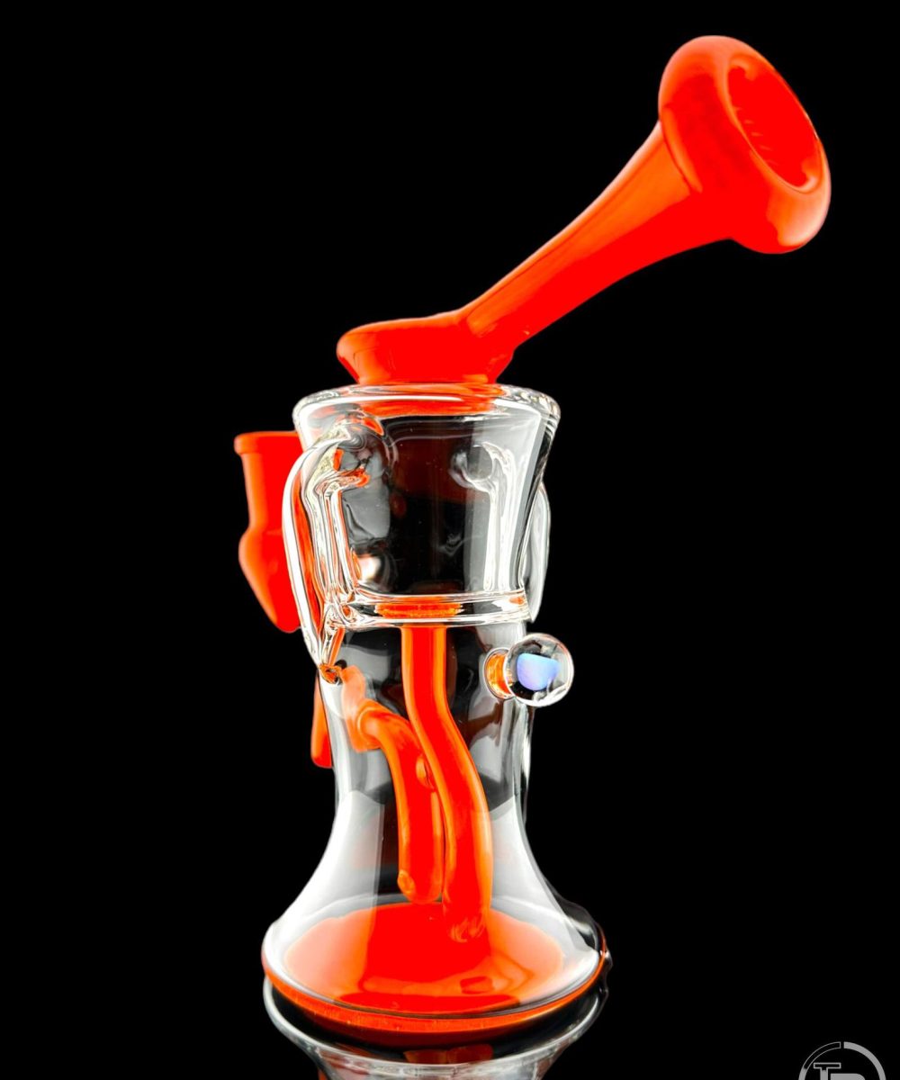 IRIDESCENT GLASS: 8" COLOR ACCENTED GILCYCLER WITH ENCASED OPAL ORANGE SHERBERT
